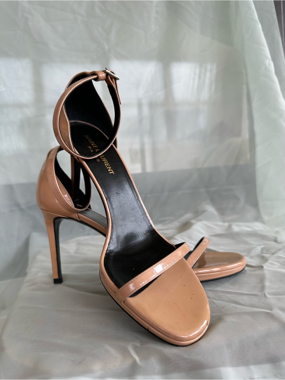 Saint Laurent Nude Patent Leather Ankle-Strap Heels SIZE 38 1/2 (WOMEN’S 7.5/ 8)